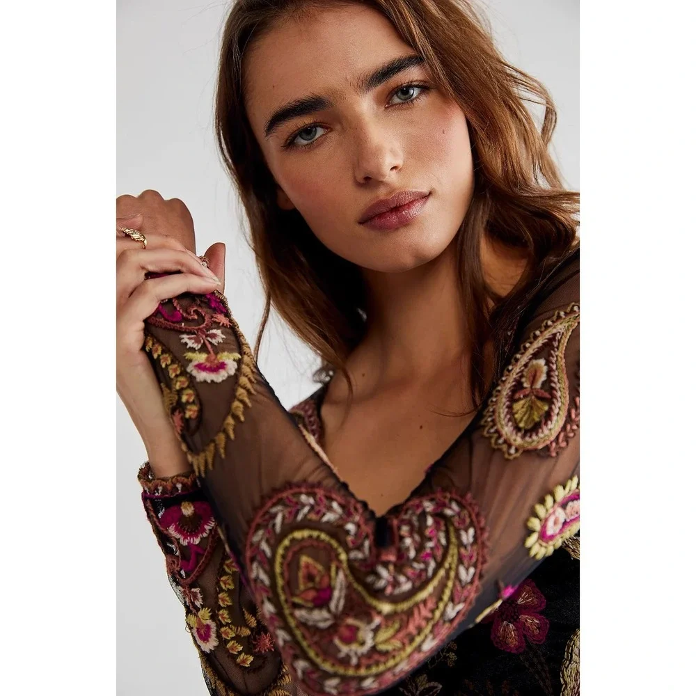 Free People Velvet Florence Embroidered Mesh Long Sleeve Top In Black Size S